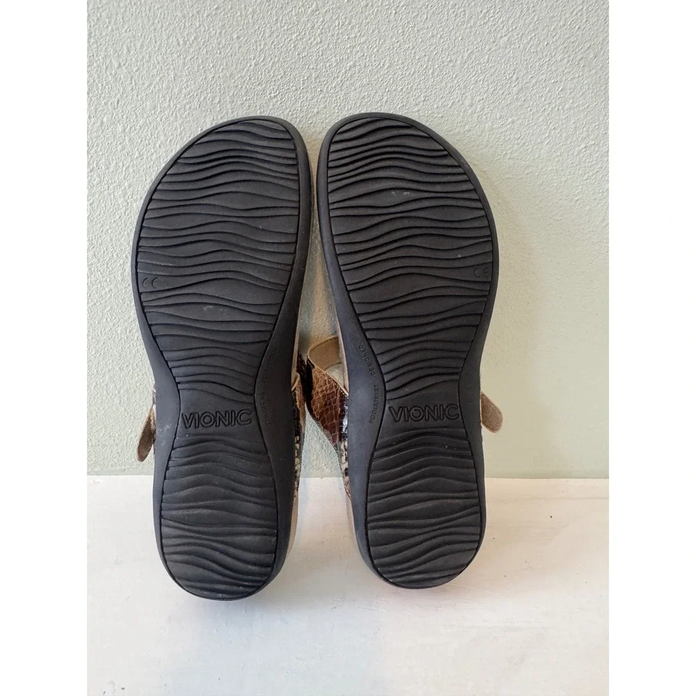 Vionic Lana Snake Print Thong Sandals Tan Brown Orthotic Womens Size 9